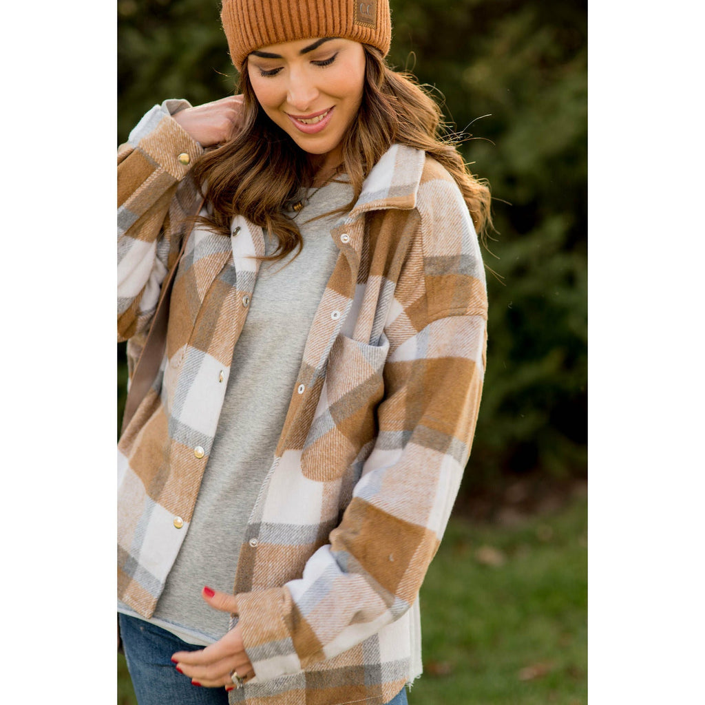 Large Plaid Print Neutral Shacket - Betsey's Boutique Shop