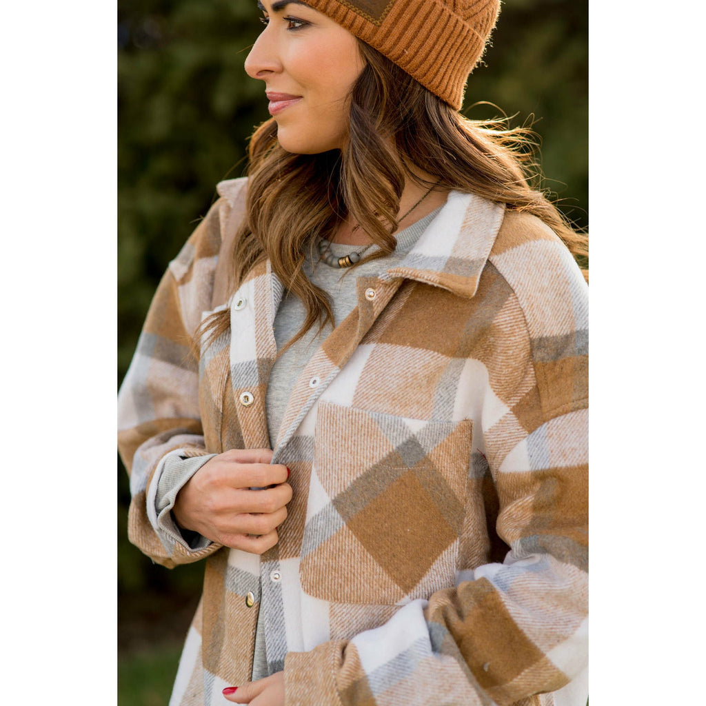 Large Plaid Print Neutral Shacket - Betsey's Boutique Shop