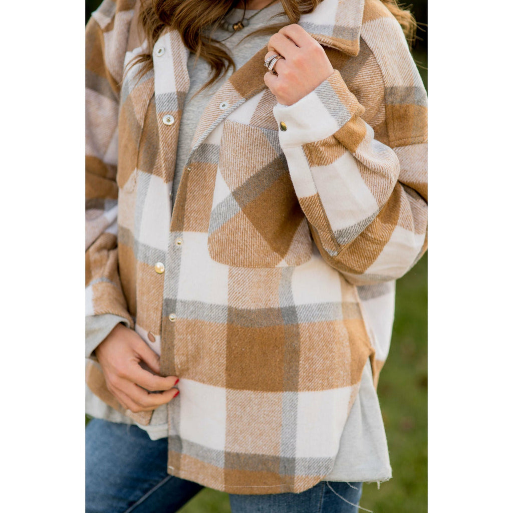 Large Plaid Print Neutral Shacket - Betsey's Boutique Shop