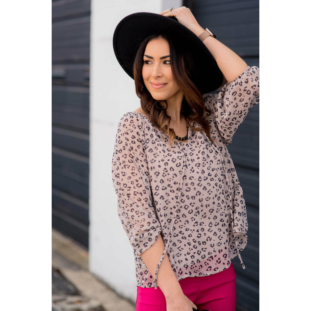 Cheetah Sheer Tie Blouse - Betsey's Boutique Shop