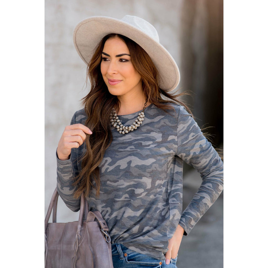 Camo Solid Back Accent Long Sleeve Tee - Betsey's Boutique Shop