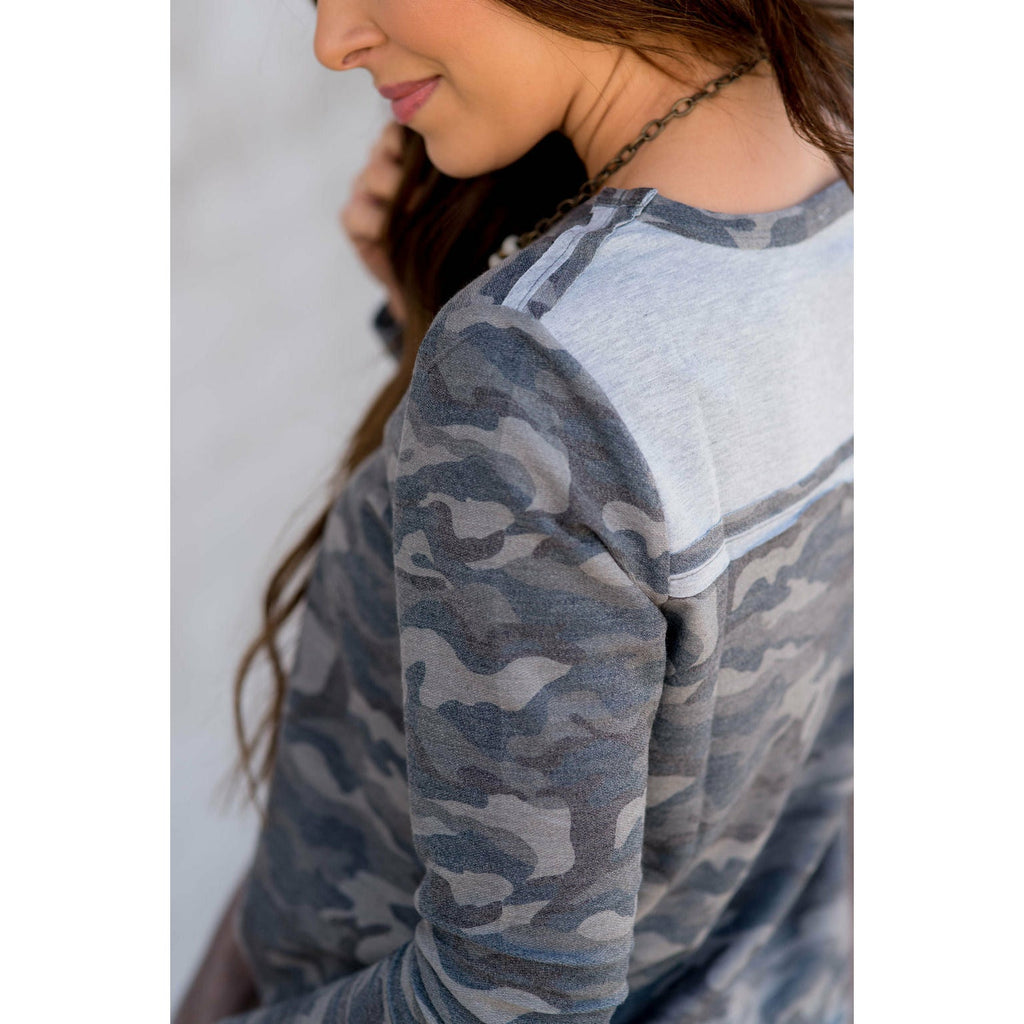 Camo Solid Back Accent Long Sleeve Tee - Betsey's Boutique Shop