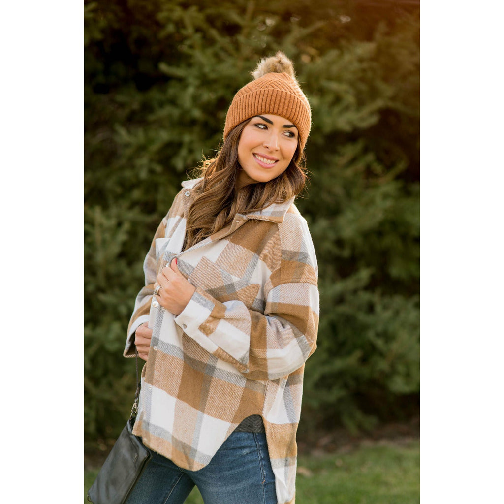 Large Plaid Print Neutral Shacket - Betsey's Boutique Shop