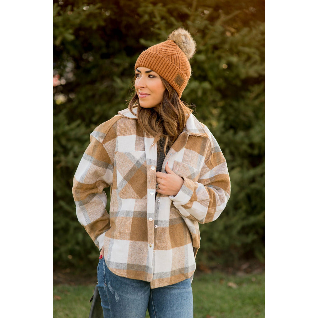 Large Plaid Print Neutral Shacket - Betsey's Boutique Shop