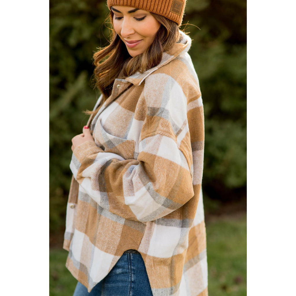 Large Plaid Print Neutral Shacket - Betsey's Boutique Shop