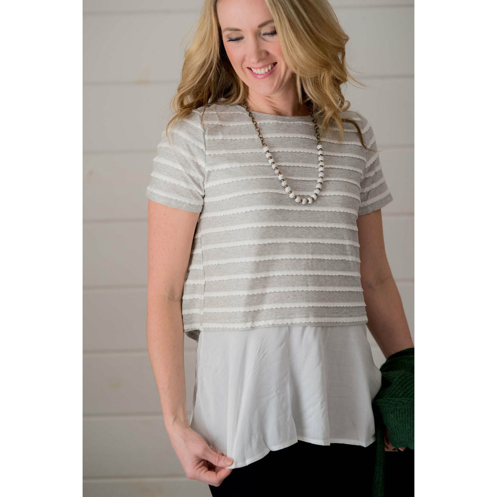 Scalloped Top Blouse Bottom Tee - Grey - Betsey's Boutique Shop