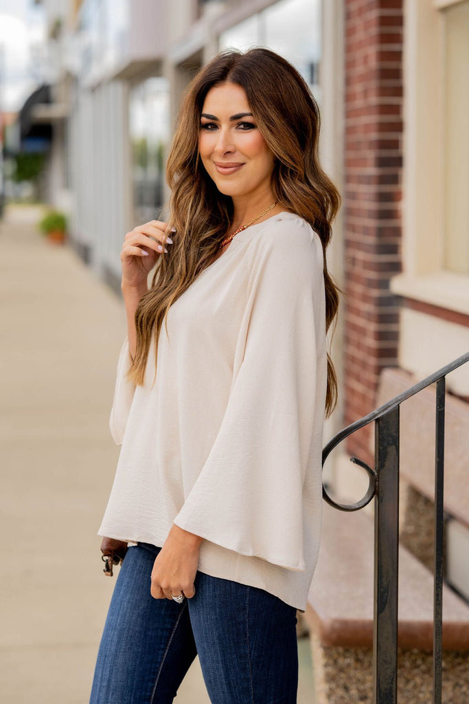 Wide Sleeve V-Neck Blouse - Betsey's Boutique Shop -