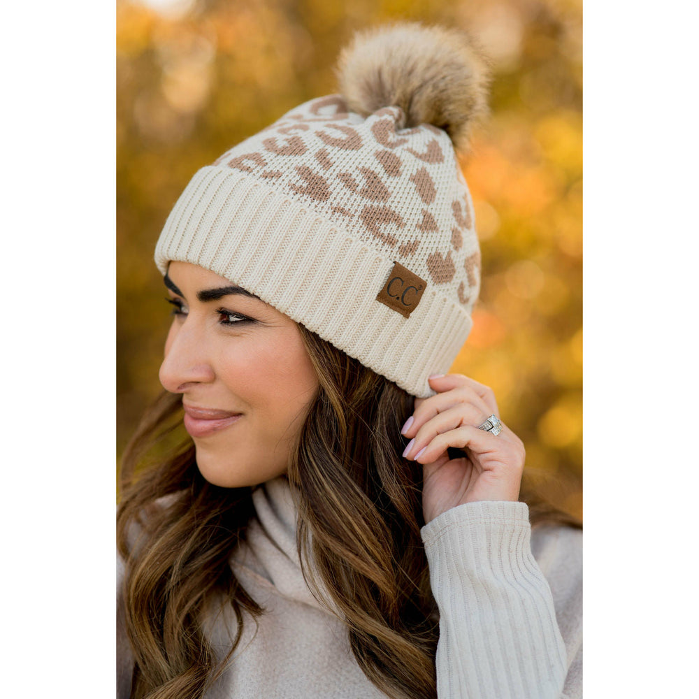 Single Leopard Print Pom Beanie Burgundy by Betsey's Boutique