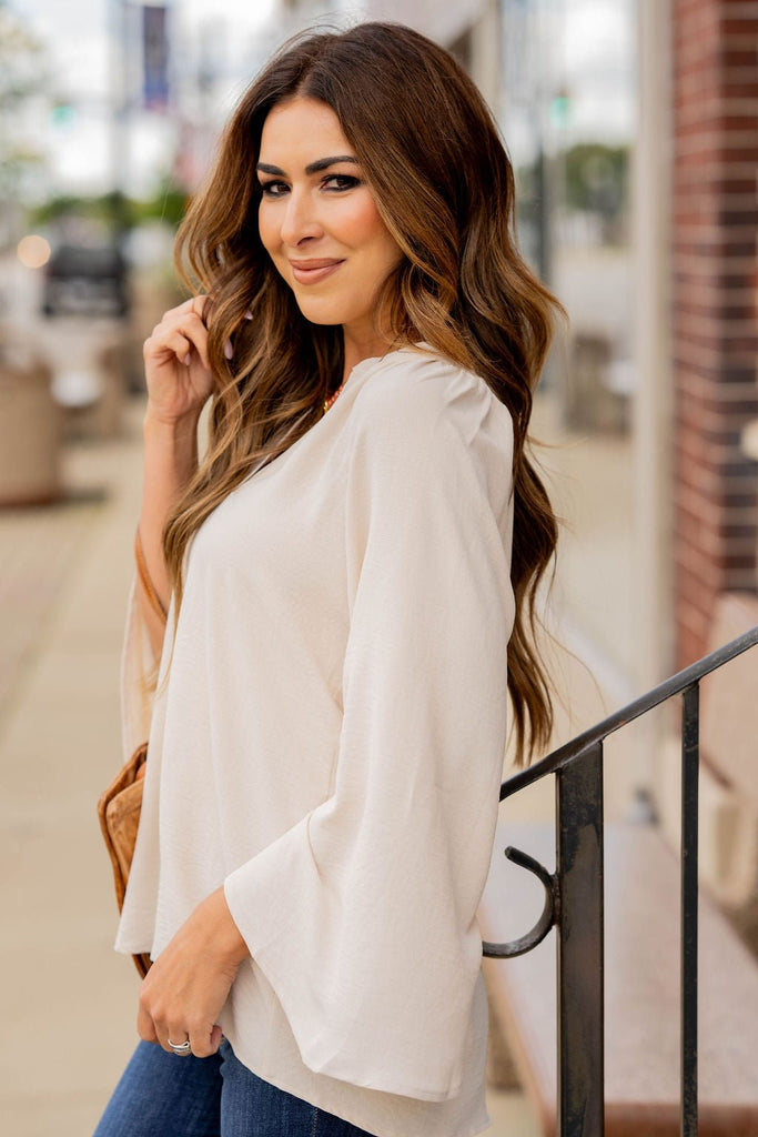 Wide Sleeve V-Neck Blouse - Betsey's Boutique Shop -