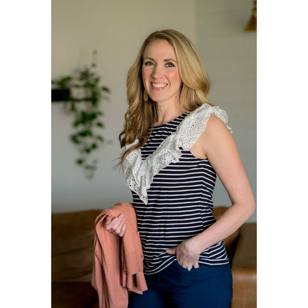 Striped Eyelet Ruffle Tank - Navy - Betsey's Boutique Shop