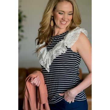 Striped Eyelet Ruffle Tank - Navy - Betsey's Boutique Shop