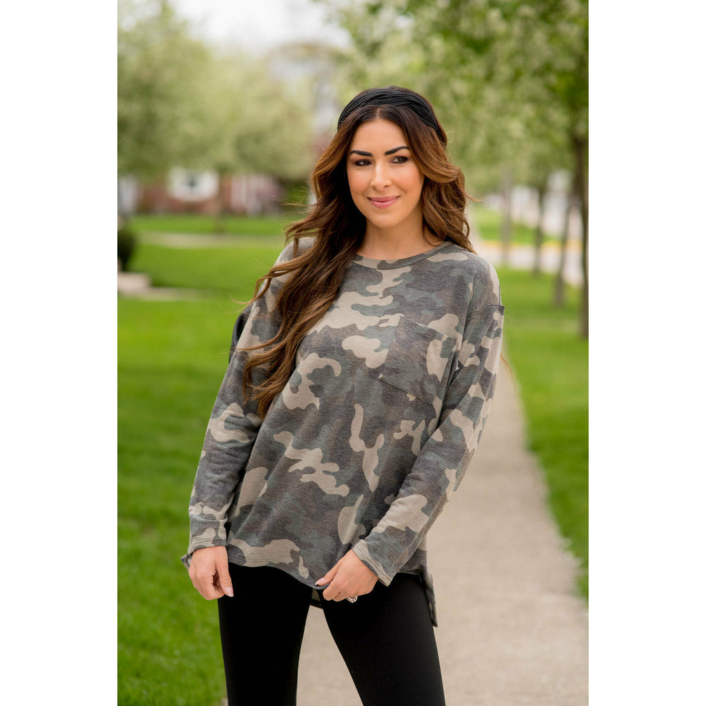 Camo Side Slit Long Sleeve Tee - Betsey's Boutique Shop