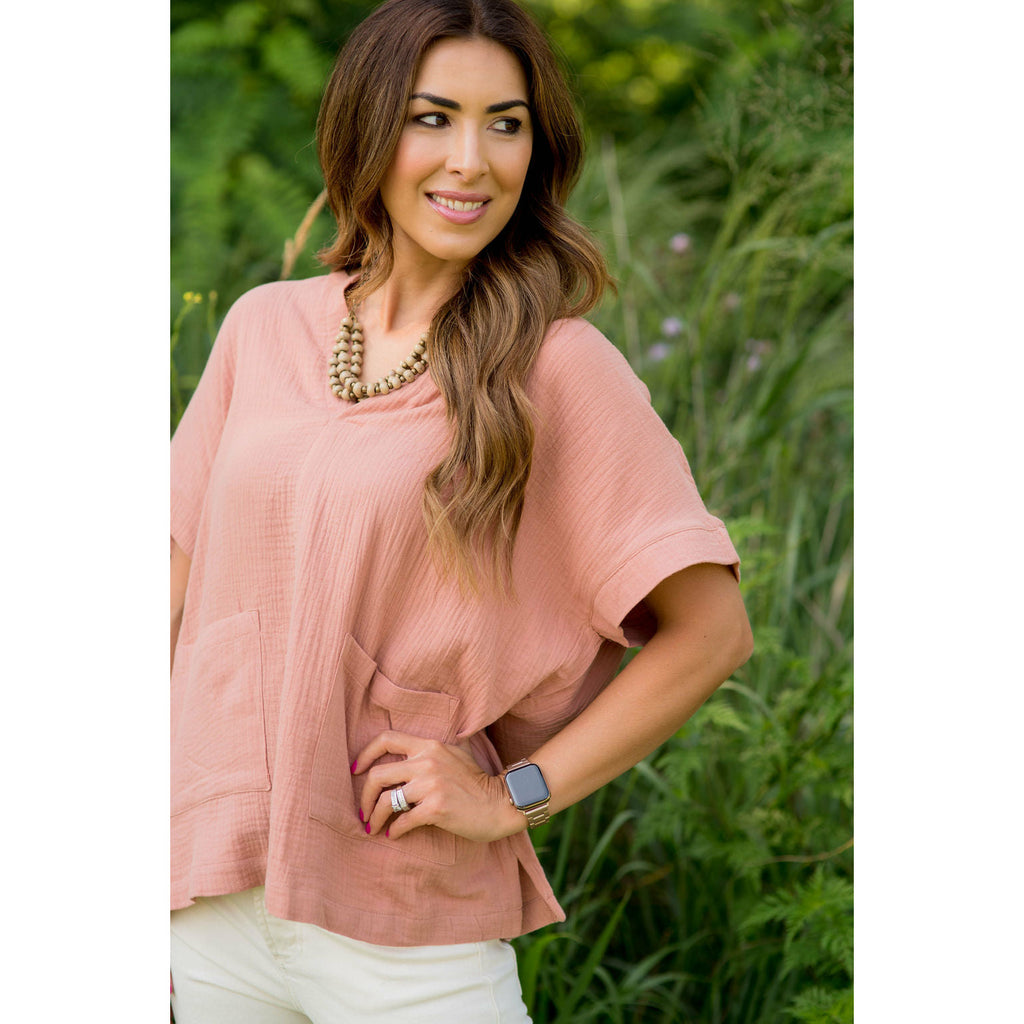 Relaxed Gauze Pocket Blouse - Betsey's Boutique Shop