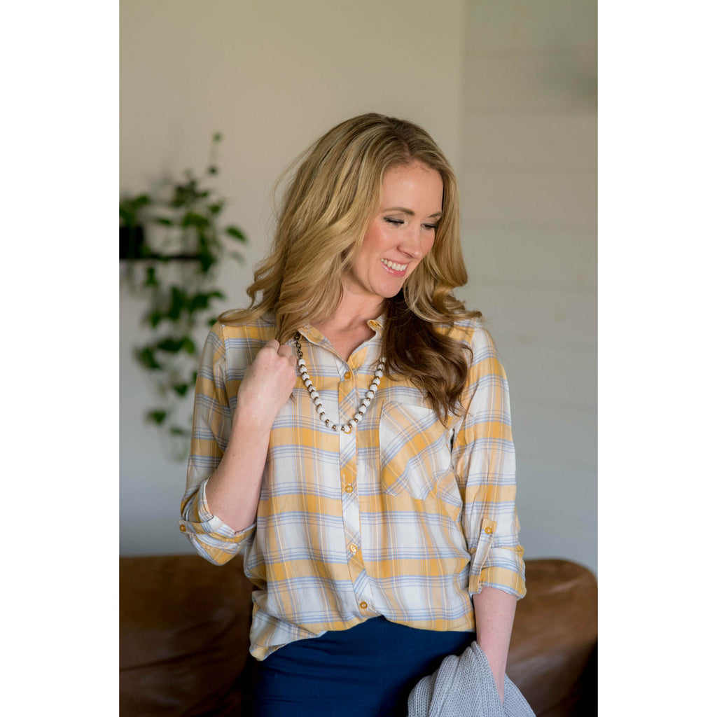 Plaid Button Up Pocket Blouse - Mustard - Betsey's Boutique Shop