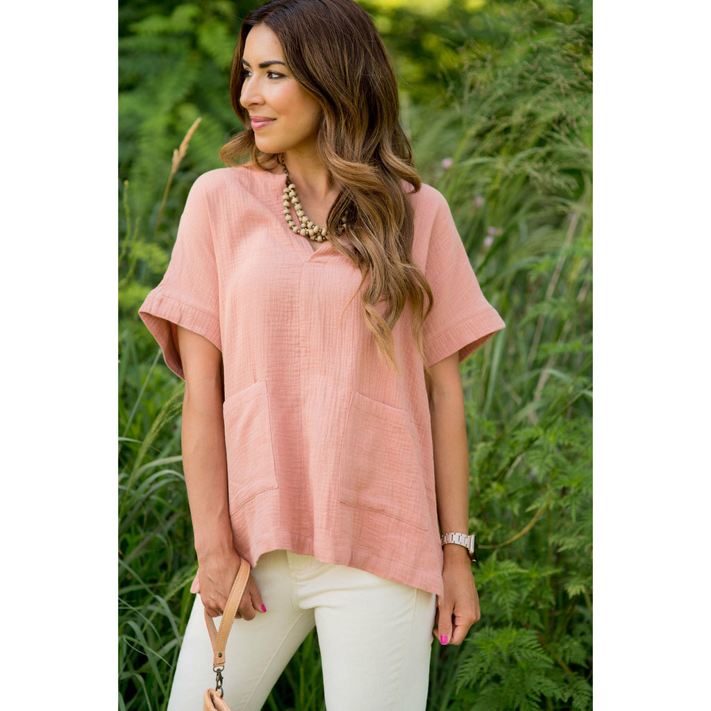 Relaxed Gauze Pocket Blouse - Betsey's Boutique Shop