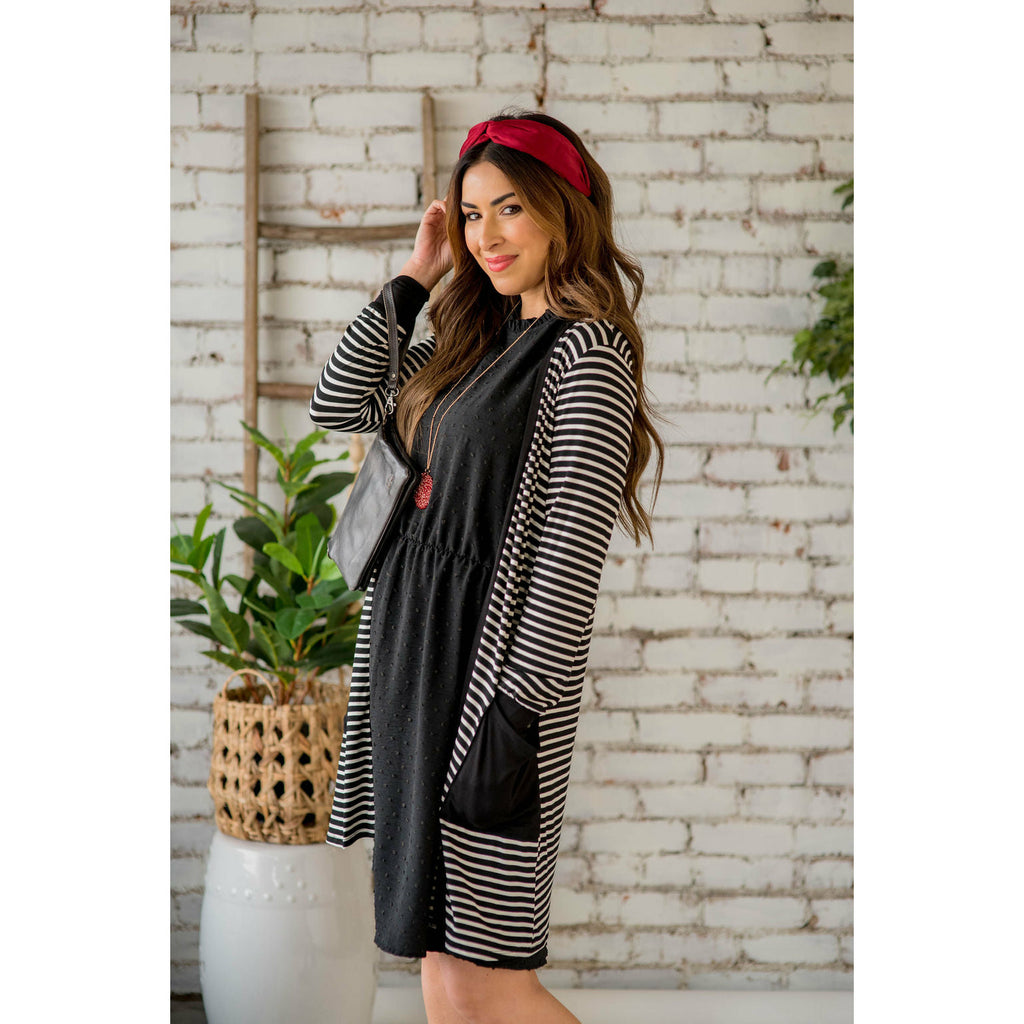 Thin Striped Solid Accent Tunic Cardigan - Betsey's Boutique Shop - Coats & Jackets