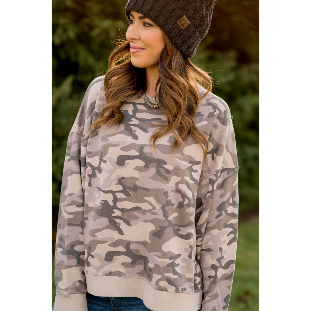 Solid Trim Camo Sweatshirt - Betsey's Boutique Shop