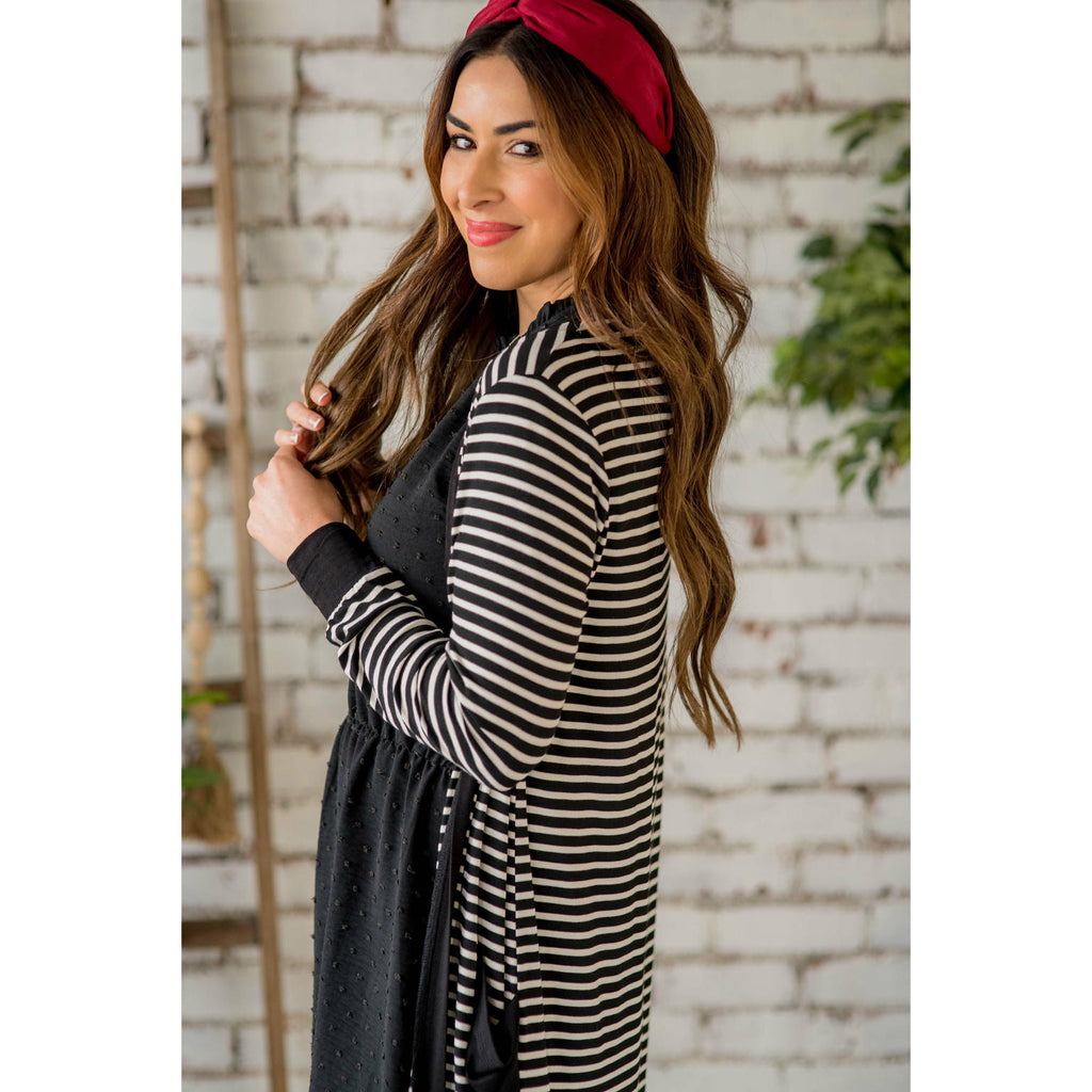 Thin Striped Solid Accent Tunic Cardigan - Betsey's Boutique Shop - Coats & Jackets