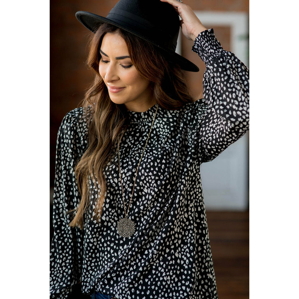 Cinched Neck Cuff Cheetah Blouse - Betsey's Boutique Shop