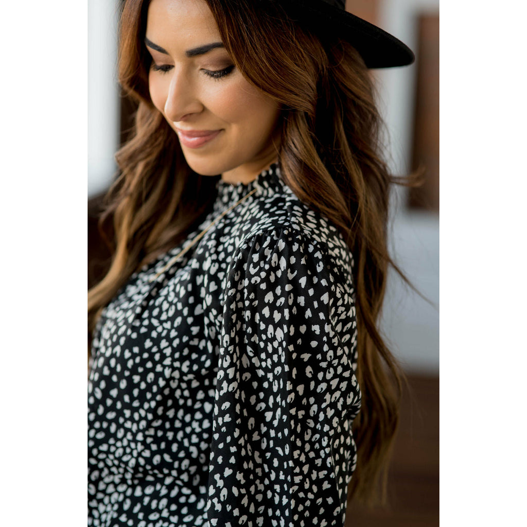 Cinched Neck Cuff Cheetah Blouse - Betsey's Boutique Shop