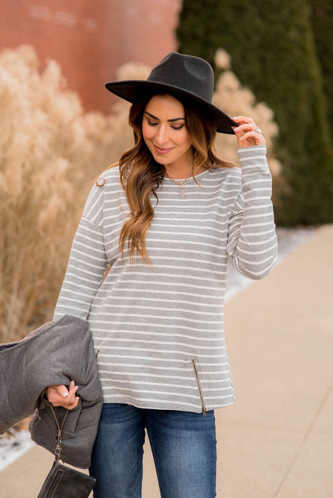 Mixed Stripe Zipper Bottom Sweatshirt - Betsey's Boutique Shop