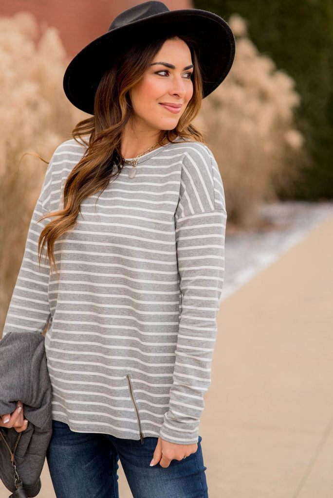 Mixed Stripe Zipper Bottom Sweatshirt - Betsey's Boutique Shop