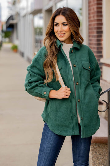 Fuzzy Elbow Patch Accented Shacket - Betsey's Boutique Shop -