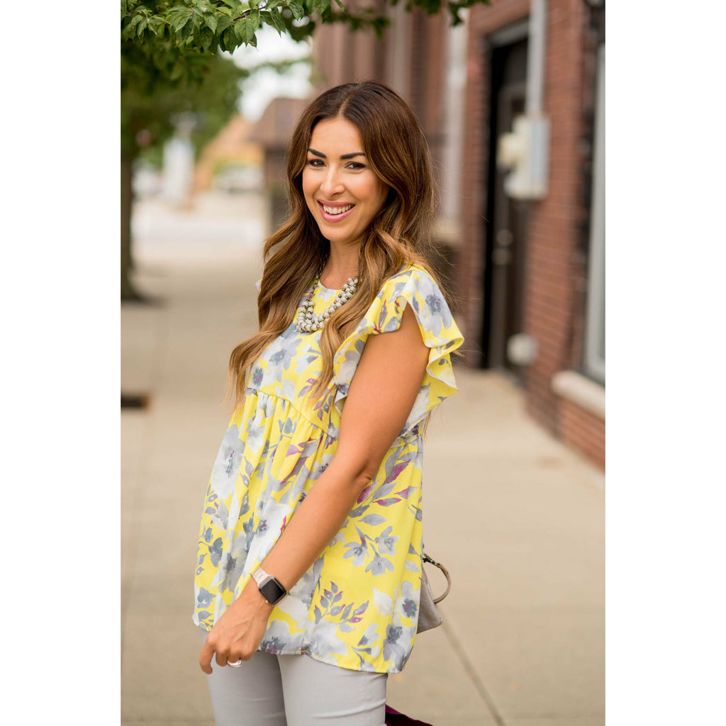 Pale Yellow Ruffle Sleeve Floral Blouse - Betsey's Boutique Shop - Shirts & Tops