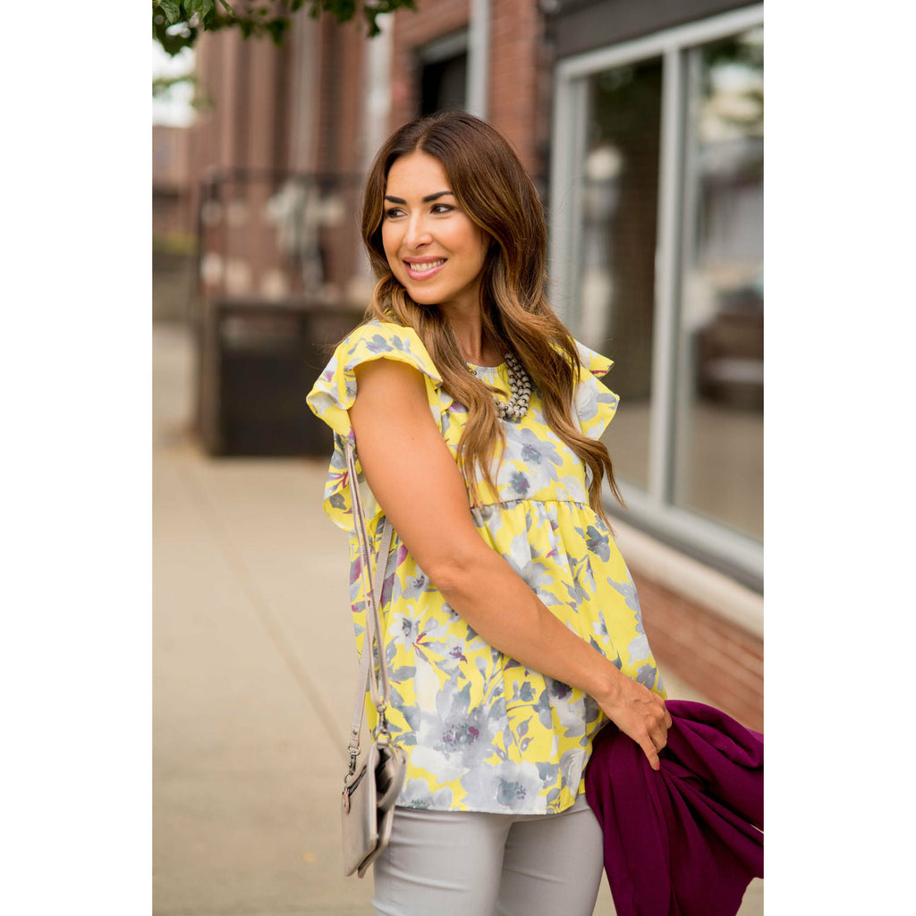 Pale Yellow Ruffle Sleeve Floral Blouse - Betsey's Boutique Shop - Shirts & Tops