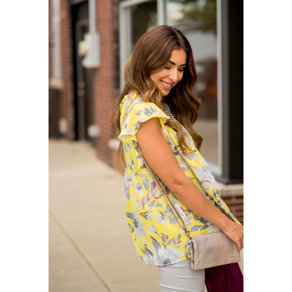 Pale Yellow Ruffle Sleeve Floral Blouse - Betsey's Boutique Shop - Shirts & Tops