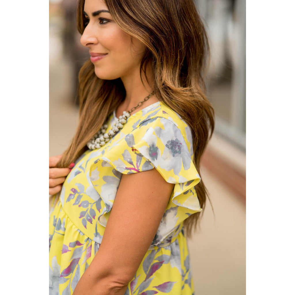 Pale Yellow Ruffle Sleeve Floral Blouse - Betsey's Boutique Shop - Shirts & Tops