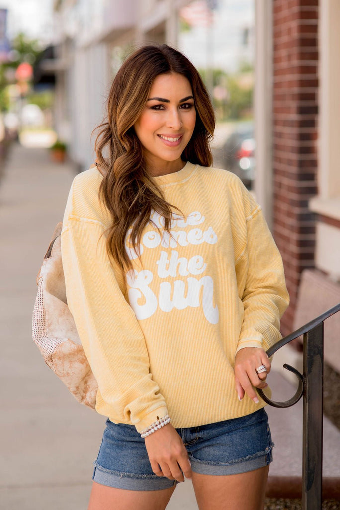 Here Comes The Sun Ribbed Graphic Crewneck - Betsey's Boutique Shop -