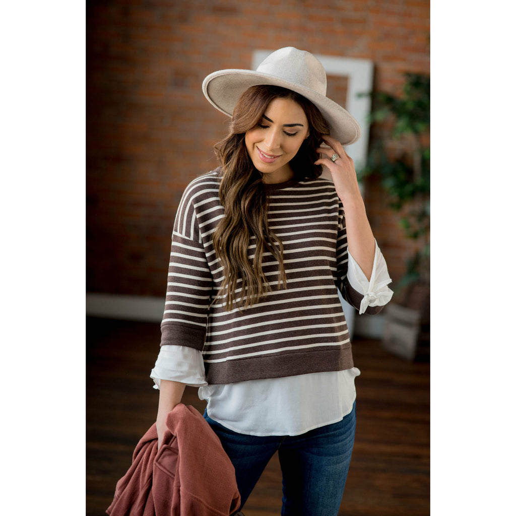 White Striped Blouse Bottom Sweatshirt - Betsey's Boutique Shop