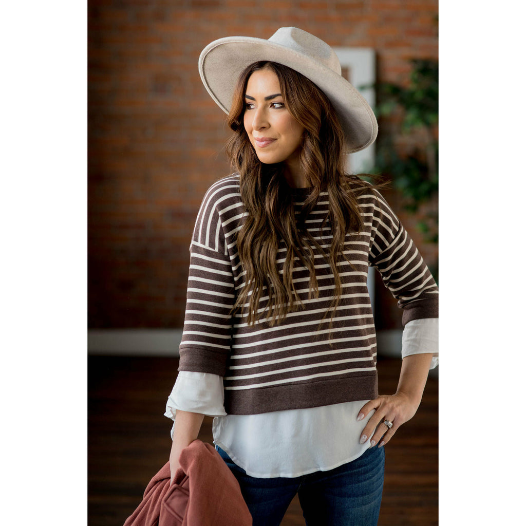 White Striped Blouse Bottom Sweatshirt - Betsey's Boutique Shop