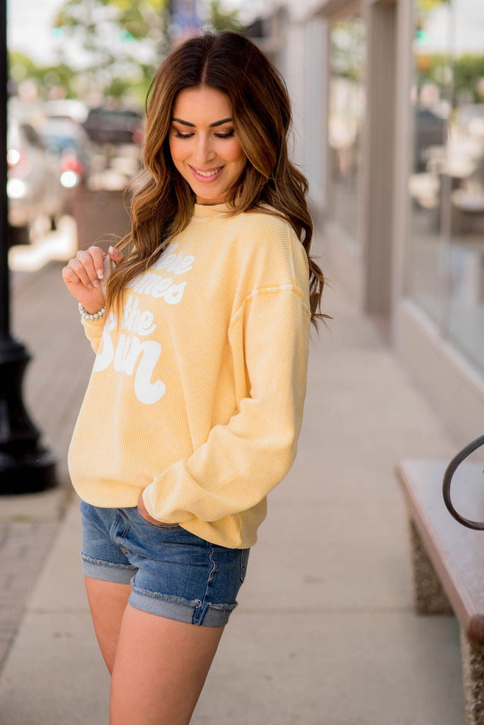 Here Comes The Sun Ribbed Graphic Crewneck - Betsey's Boutique Shop -