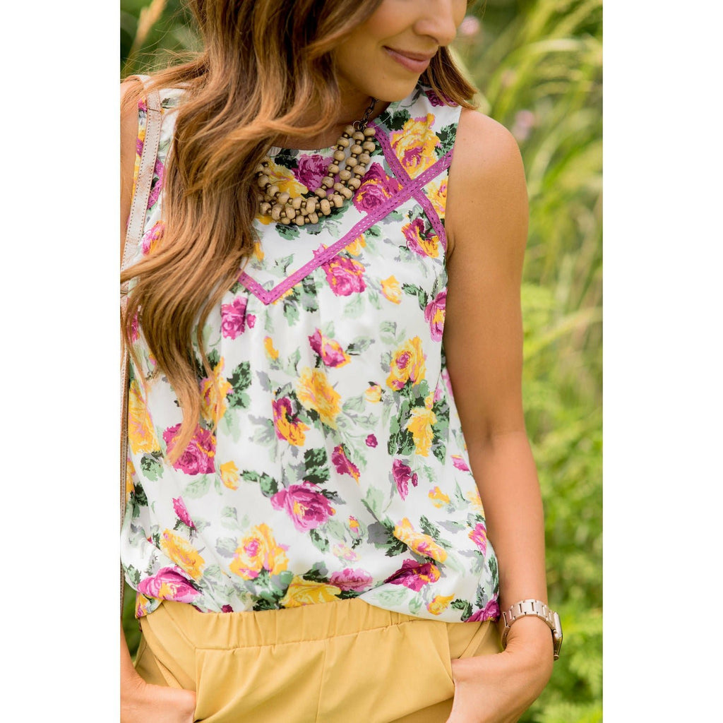 Ribbon Trimmed Floral Blouse Tank - Betsey's Boutique Shop