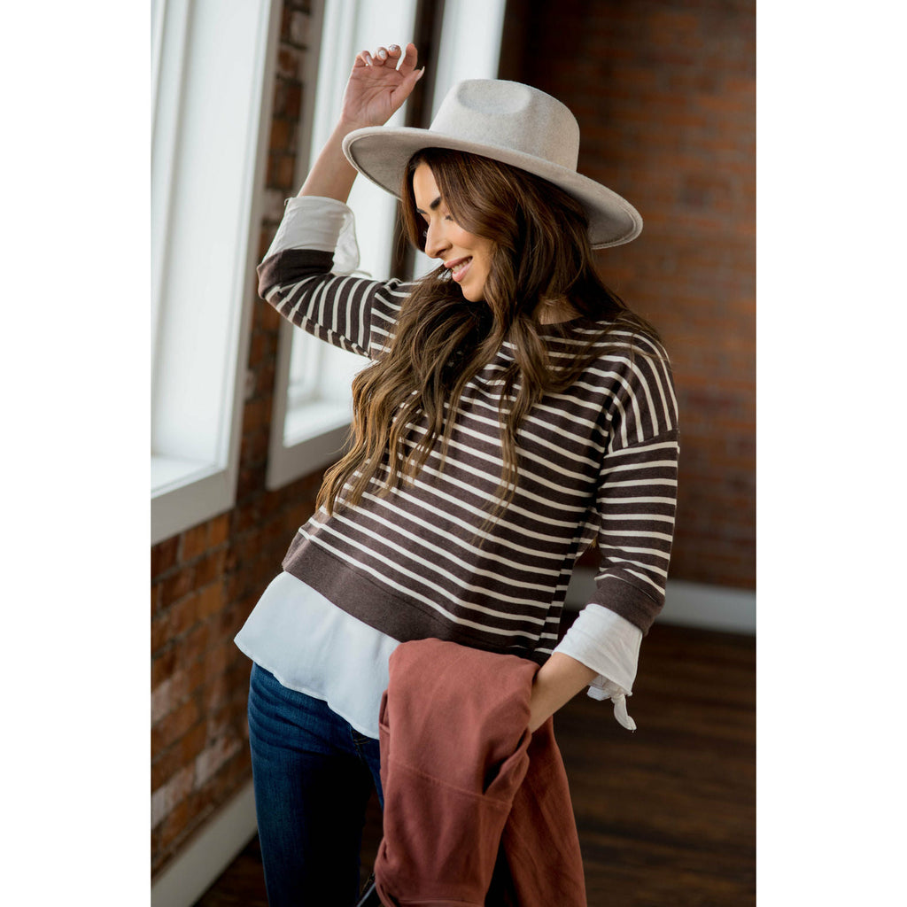 White Striped Blouse Bottom Sweatshirt - Betsey's Boutique Shop