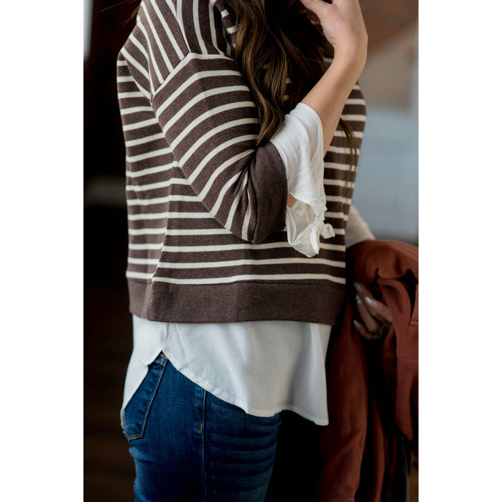 White Striped Blouse Bottom Sweatshirt - Betsey's Boutique Shop