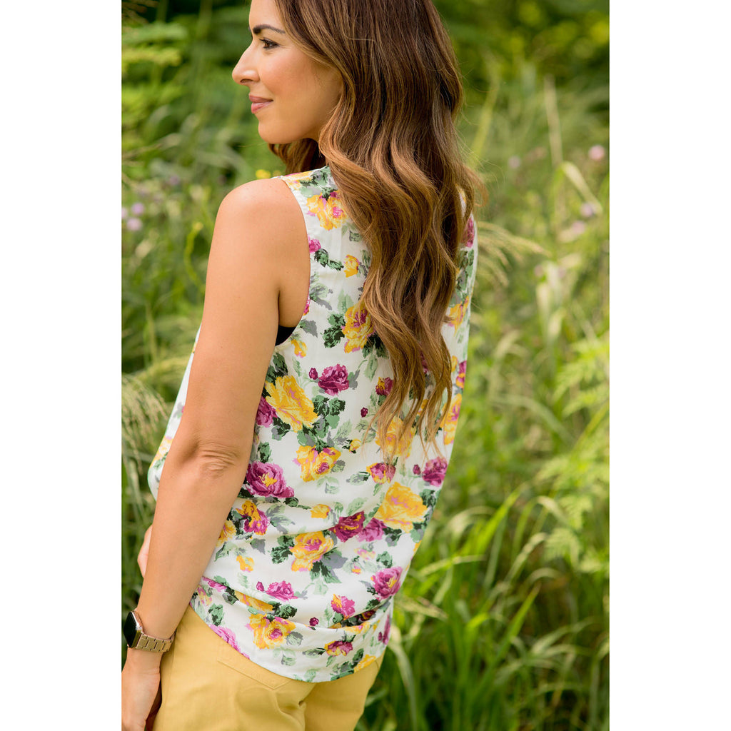 Ribbon Trimmed Floral Blouse Tank - Betsey's Boutique Shop