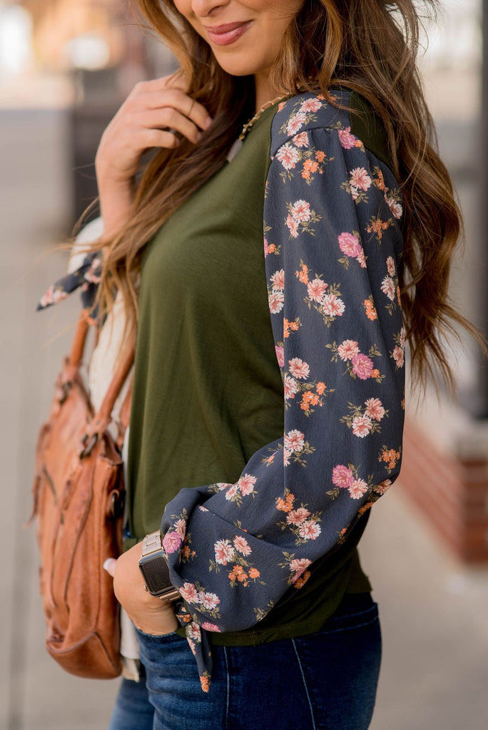 Floating Floral Tie Sleeve Tee - Betsey's Boutique Shop -