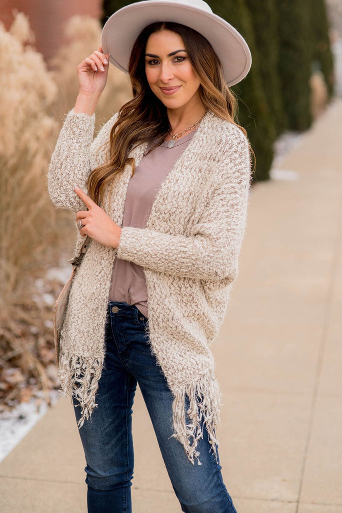 Fringe Trimmed Cardigan - Mocha - Betsey's Boutique Shop