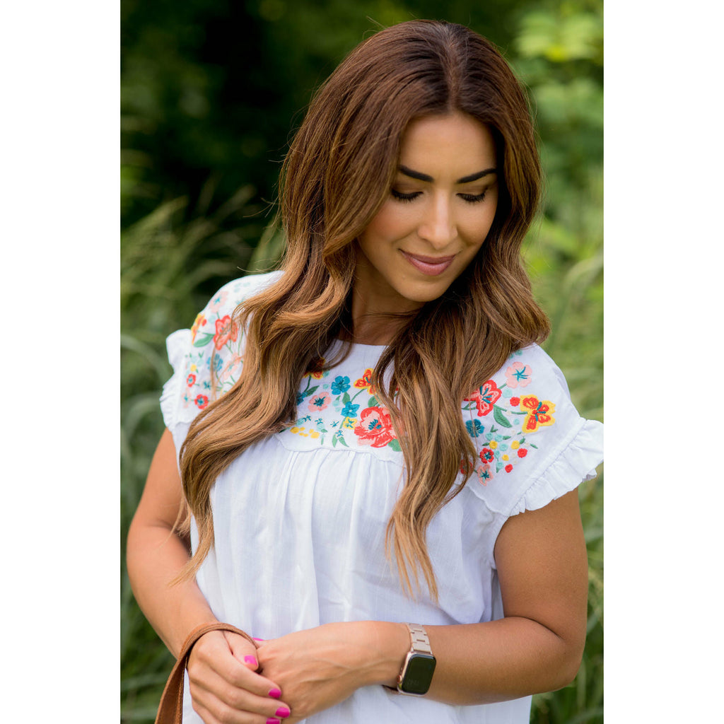 Embroidered Floral Bib Tee - Betsey's Boutique Shop