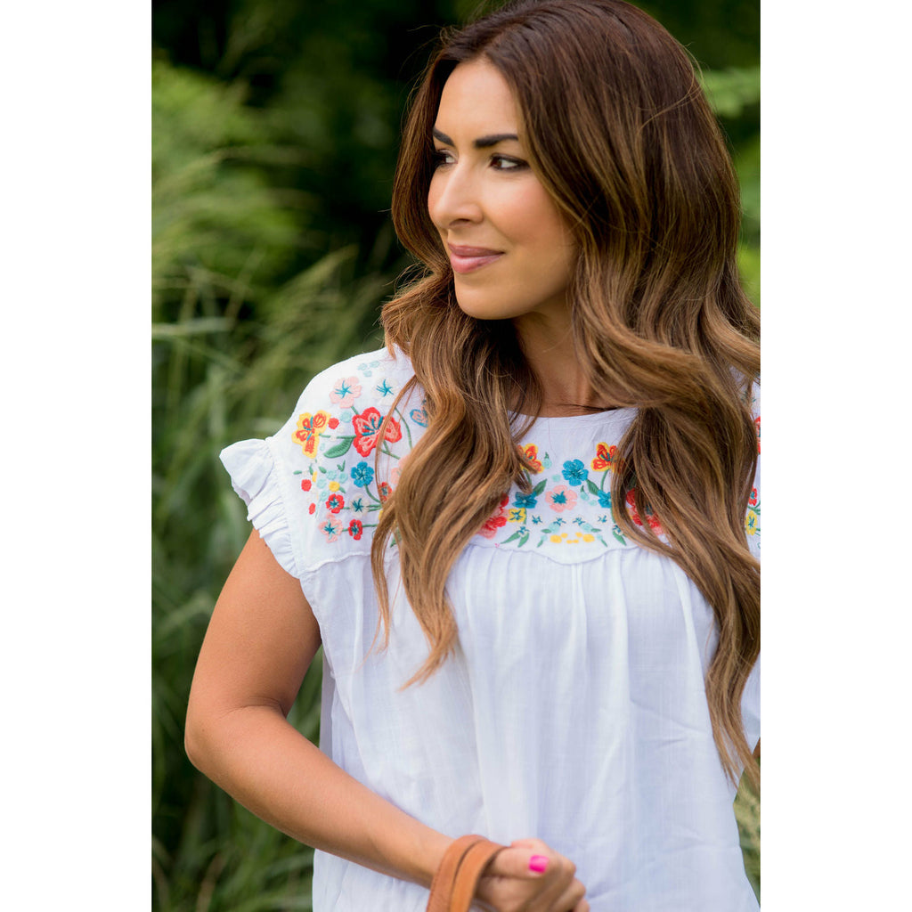 Embroidered Floral Bib Tee - Betsey's Boutique Shop