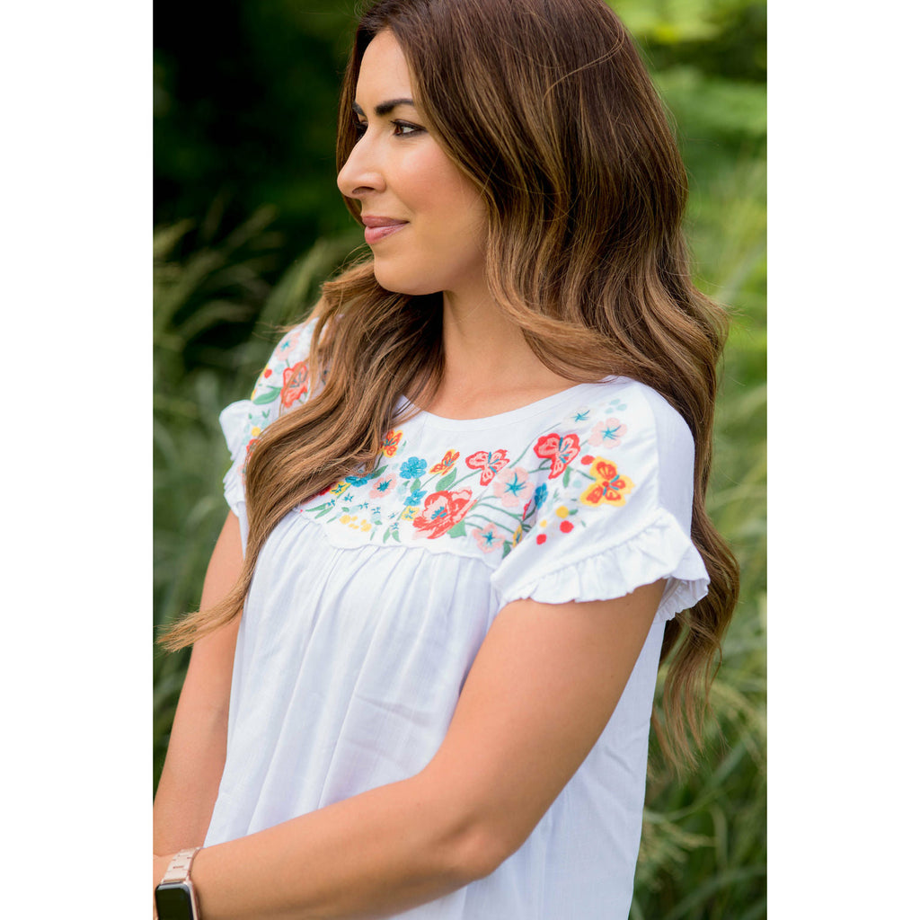 Embroidered Floral Bib Tee - Betsey's Boutique Shop