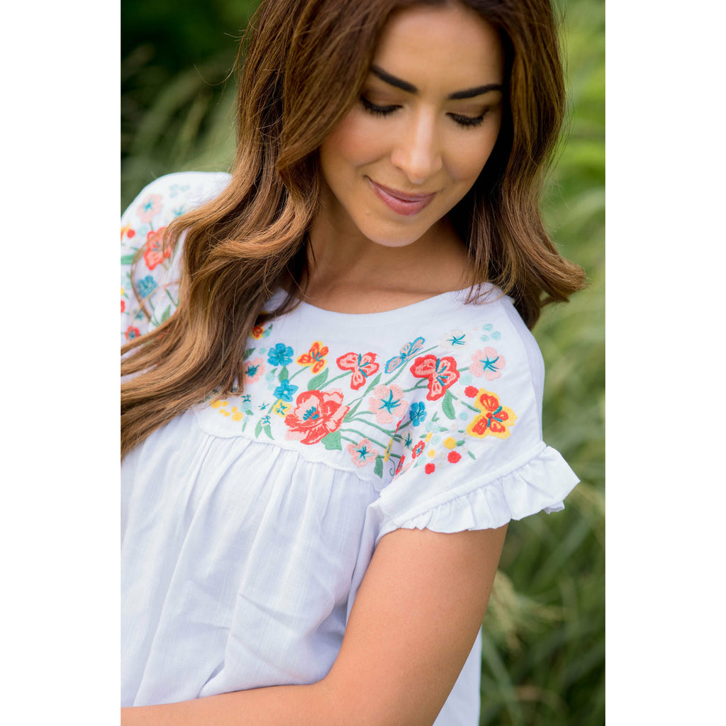 Embroidered Floral Bib Tee - Betsey's Boutique Shop