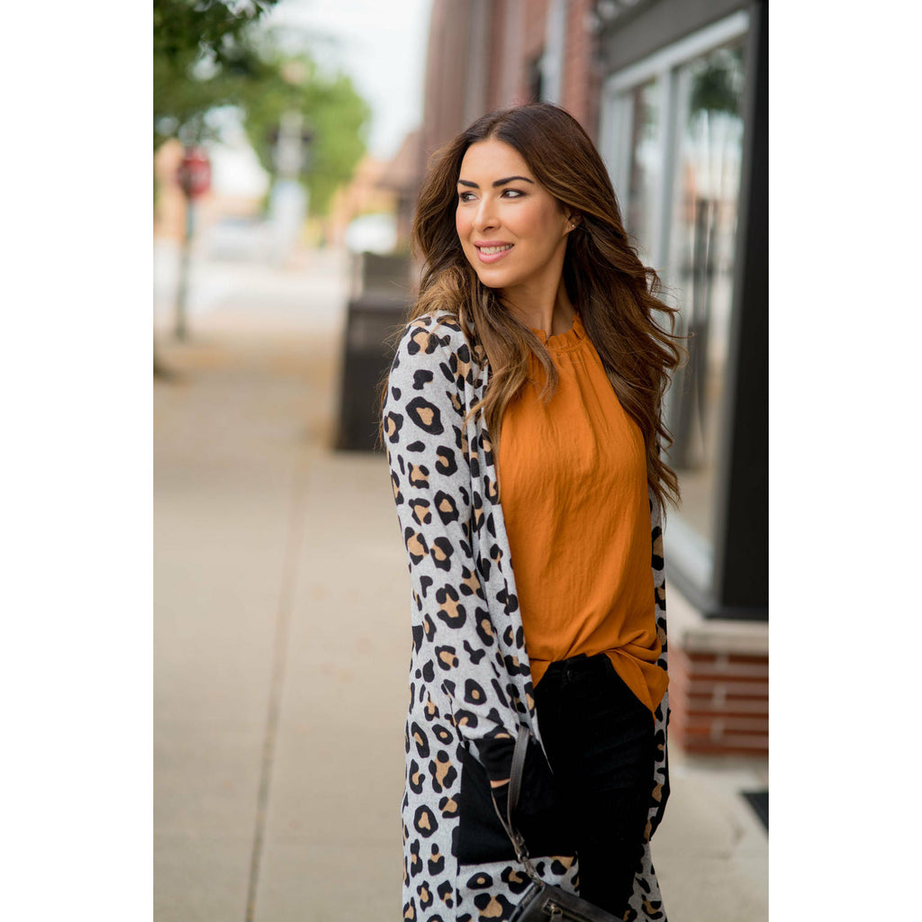 Leopard Solid Trim Tunic Cardigan - Betsey's Boutique Shop - Coats & Jackets