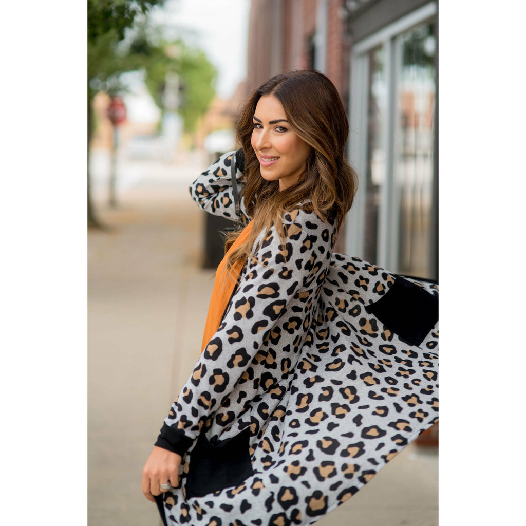 Leopard Solid Trim Tunic Cardigan - Betsey's Boutique Shop - Coats & Jackets