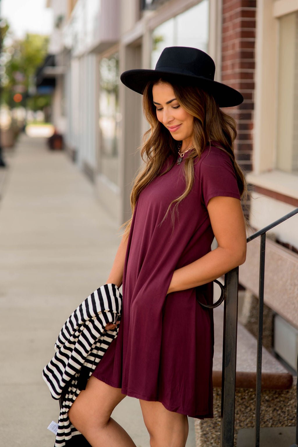 Short Sleeve Swing Tunic Dress Burgundy / S