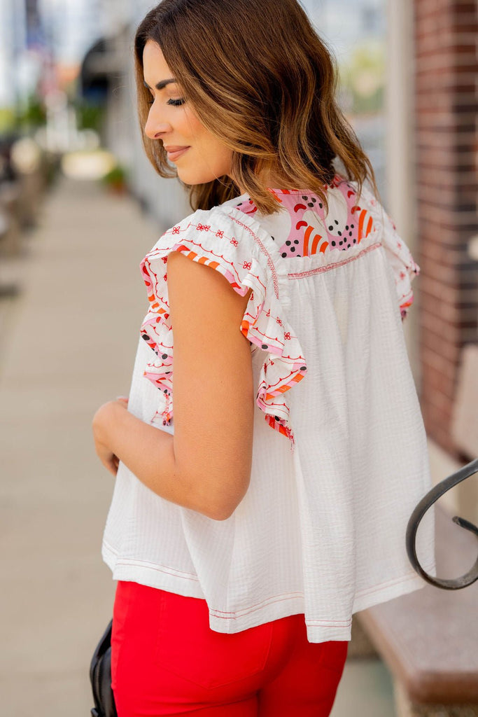 Embroidered Flutter Sleeve Blouse - Betsey's Boutique Shop -