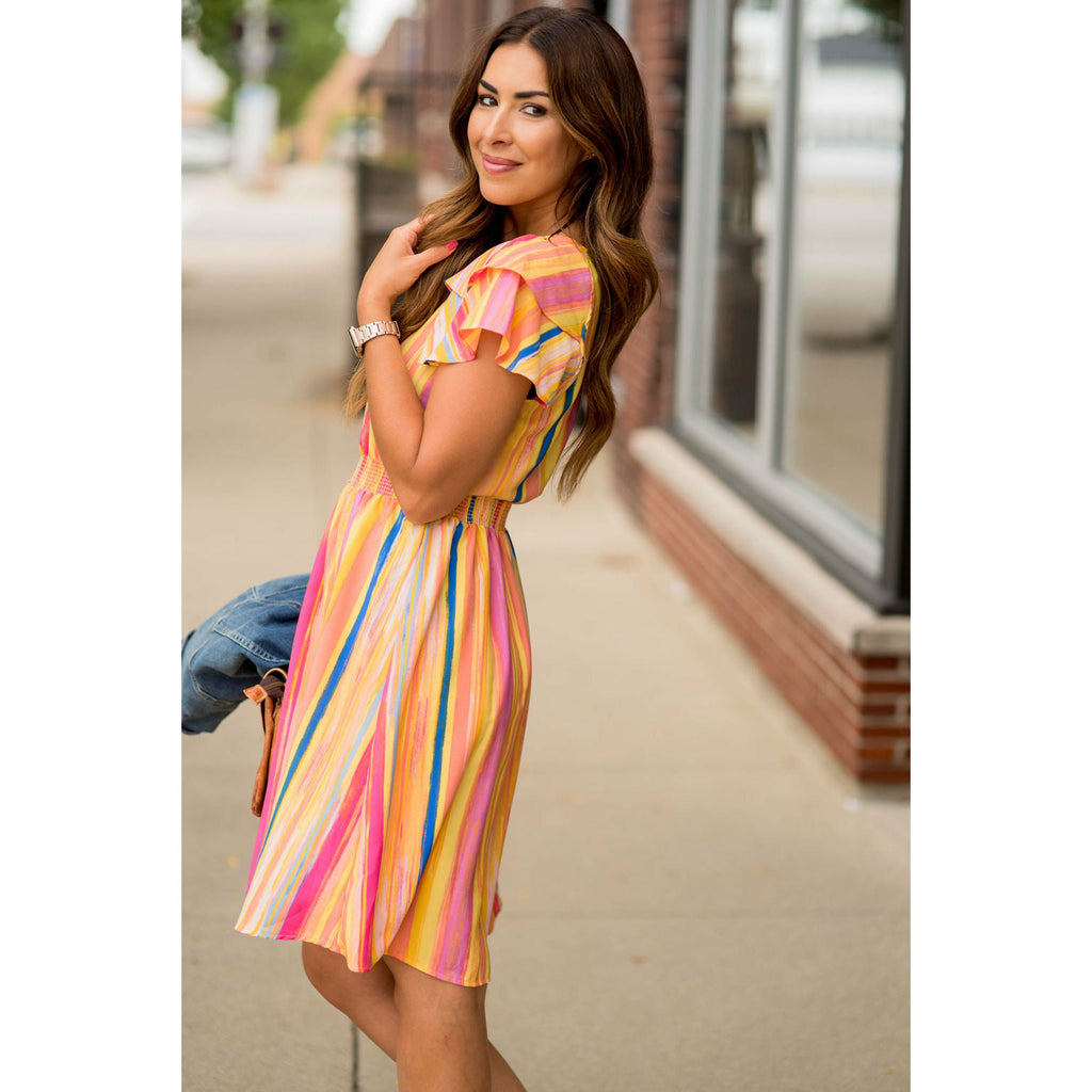 DUPLICATE Double Flutter Vertical Watercolor Striped Dress - Betsey's Boutique Shop